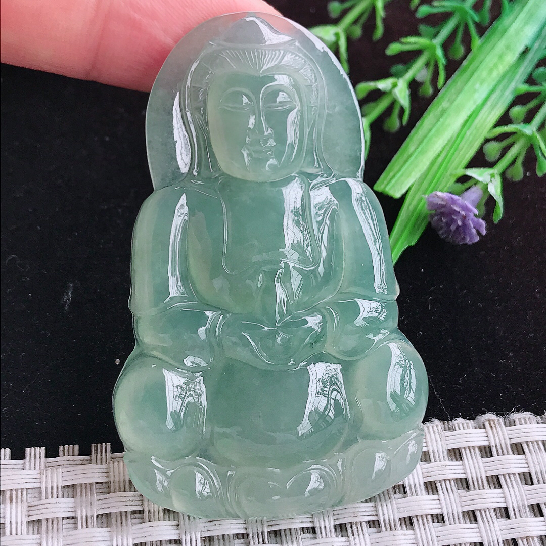 实拍A货翡翠63/39.8/6.8老坑冰胶果冻冰晴绿观音菩萨吊坠翡翠玉坠挂件