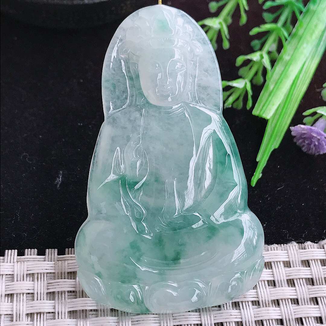实拍A货翡翠62/39/5.4老坑冰胶冰飘花素衣观音吊坠翡翠玉坠挂件