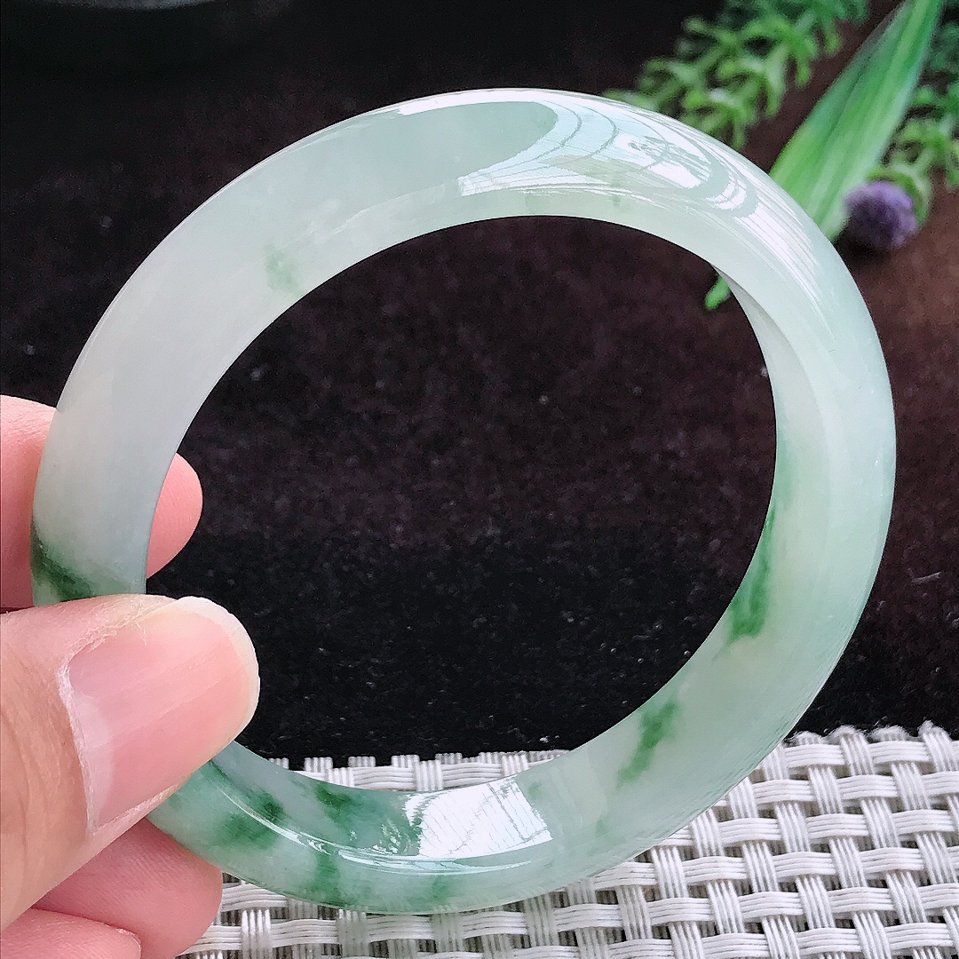 实拍A货翡翠56.5/12.1/8.2老坑冰透果冻胶冰飘花手镯宽边玉镯平安镯