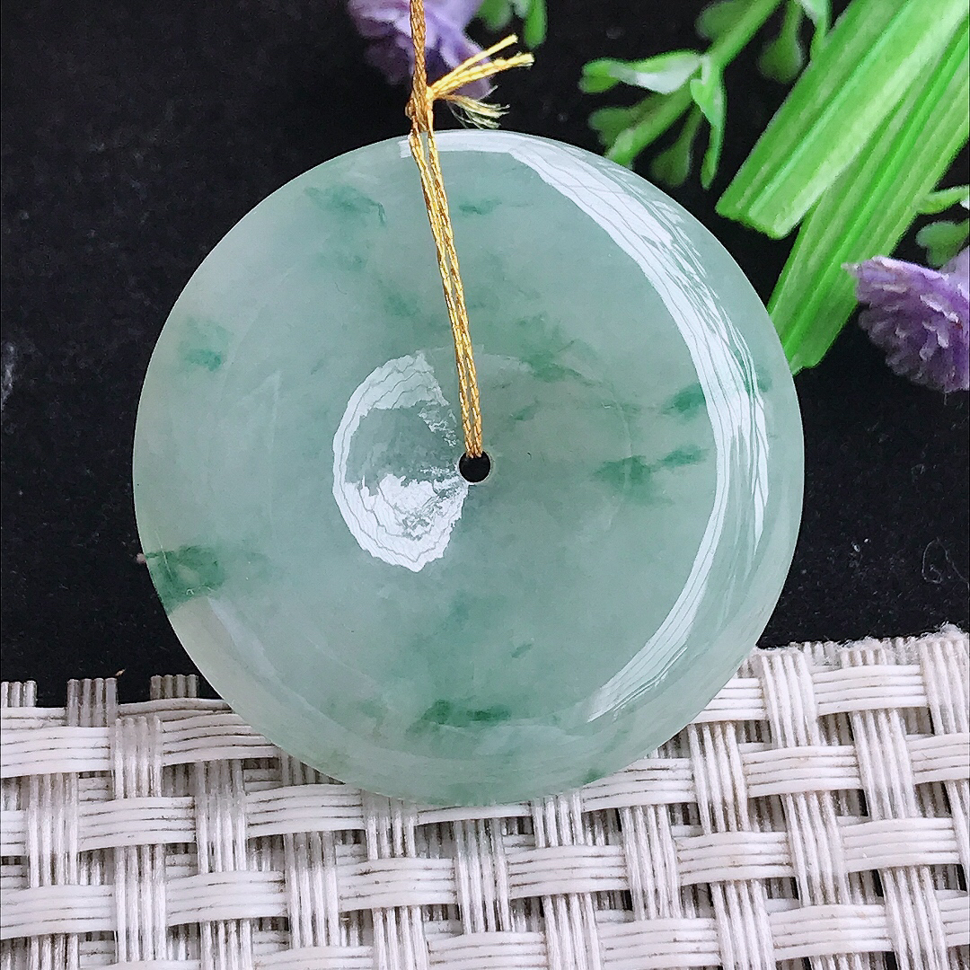 实拍A货翡翠33.2/5.7老坑冰润起胶飘花平安扣吊坠翡翠玉坠挂件