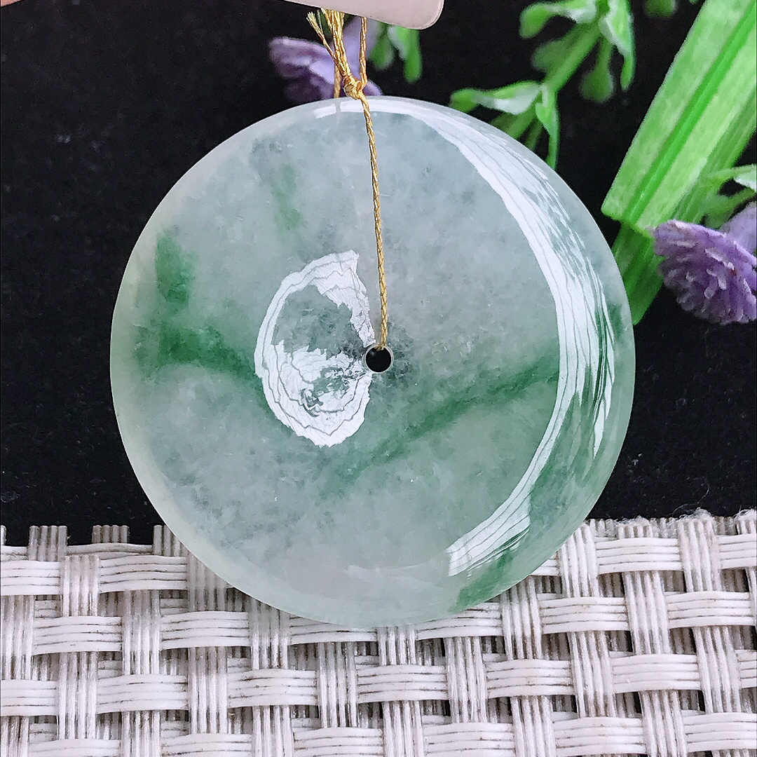实拍A货翡翠34.6/5.6老坑冰胶飘花平安扣吊坠翡翠玉坠挂件