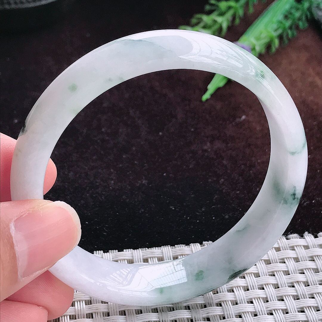 实拍A货翡翠57/13.2/7老坑温润飘花手镯宽边玉镯平安镯