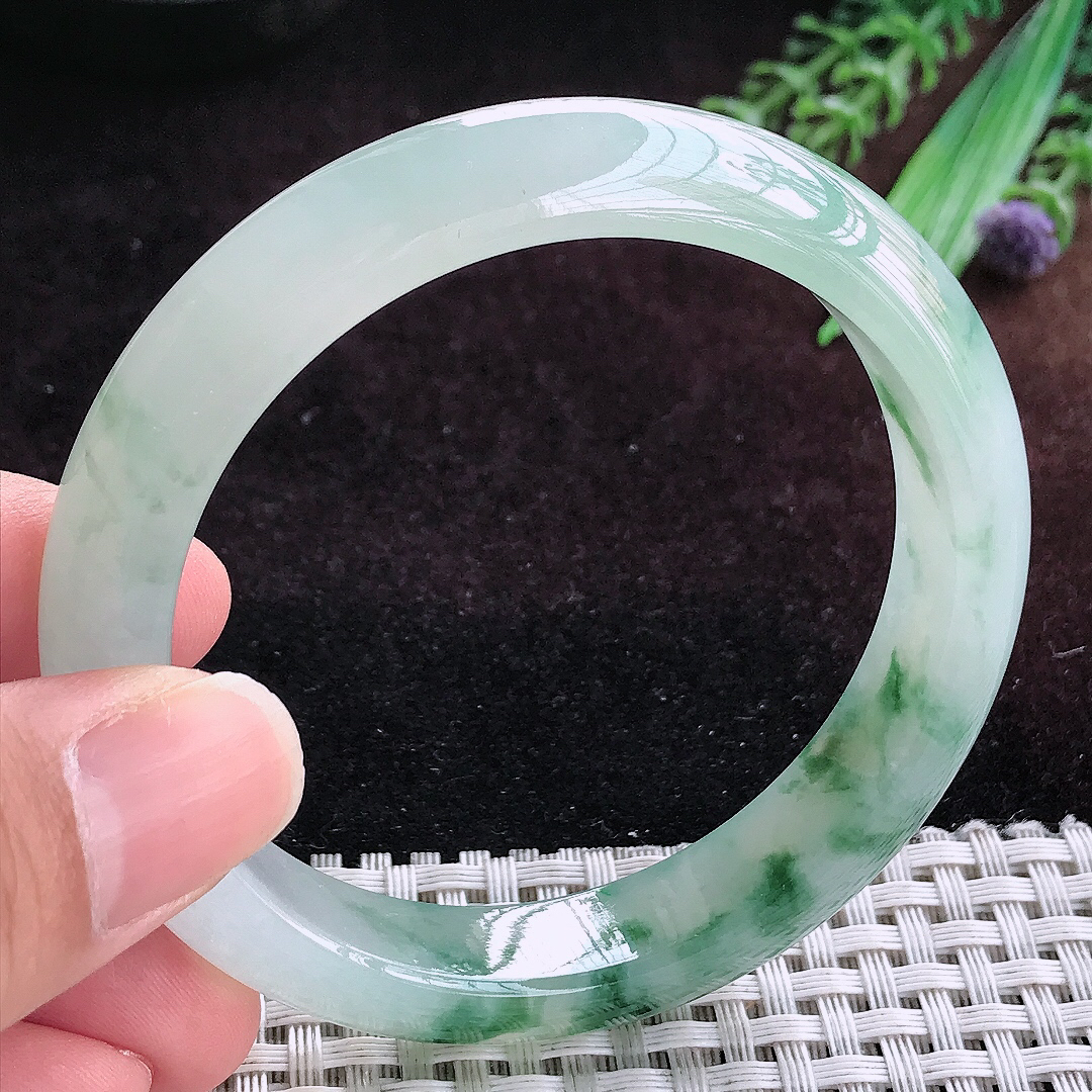 实拍A货翡翠56.5/12.1/8.2老坑冰透果冻胶冰飘花手镯宽边玉镯平安镯