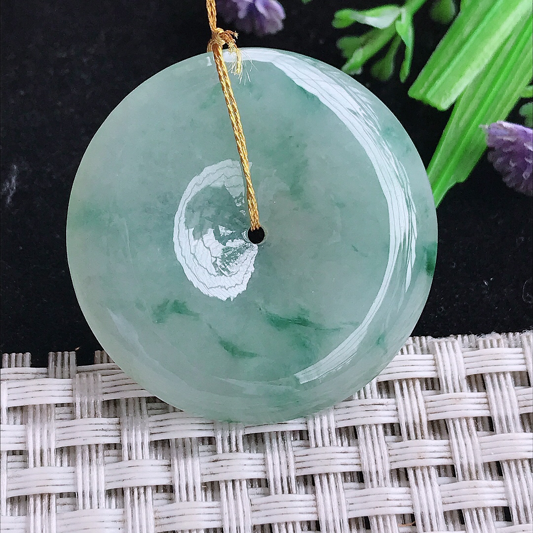实拍A货翡翠33.2/5.7老坑冰润起胶飘花平安扣吊坠翡翠玉坠挂件
