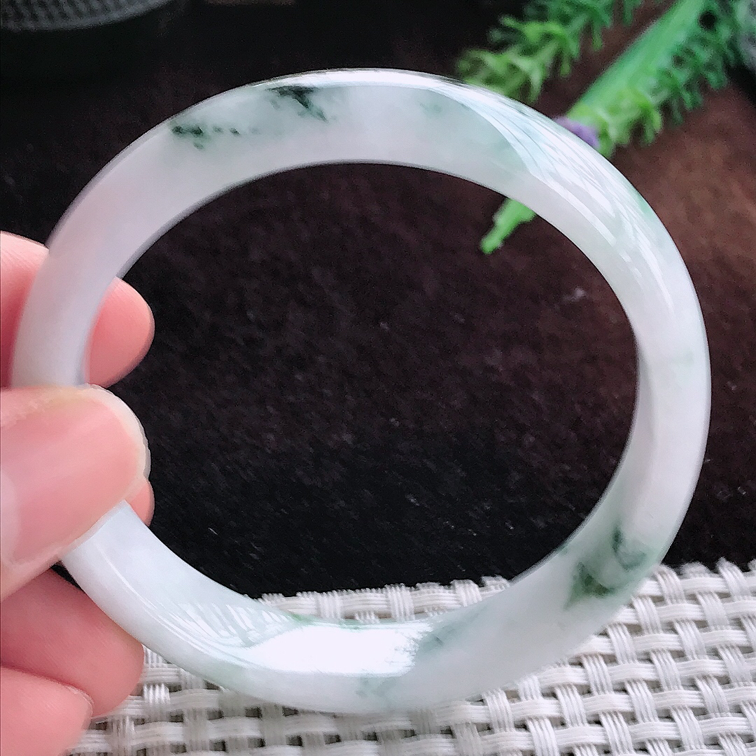 实拍A货翡翠57/13.2/7老坑温润飘花手镯宽边玉镯平安镯
