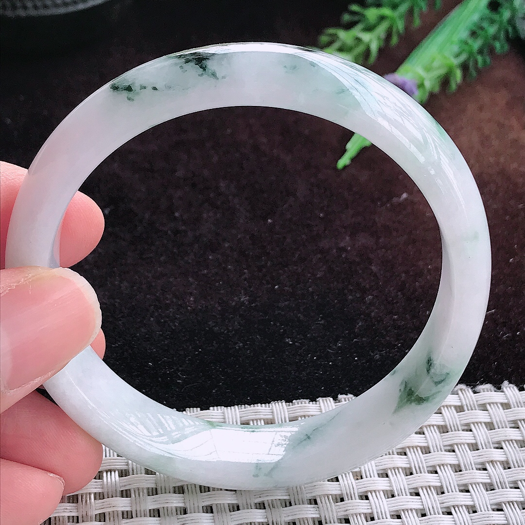 实拍A货翡翠57/13.2/7老坑温润飘花手镯宽边玉镯平安镯