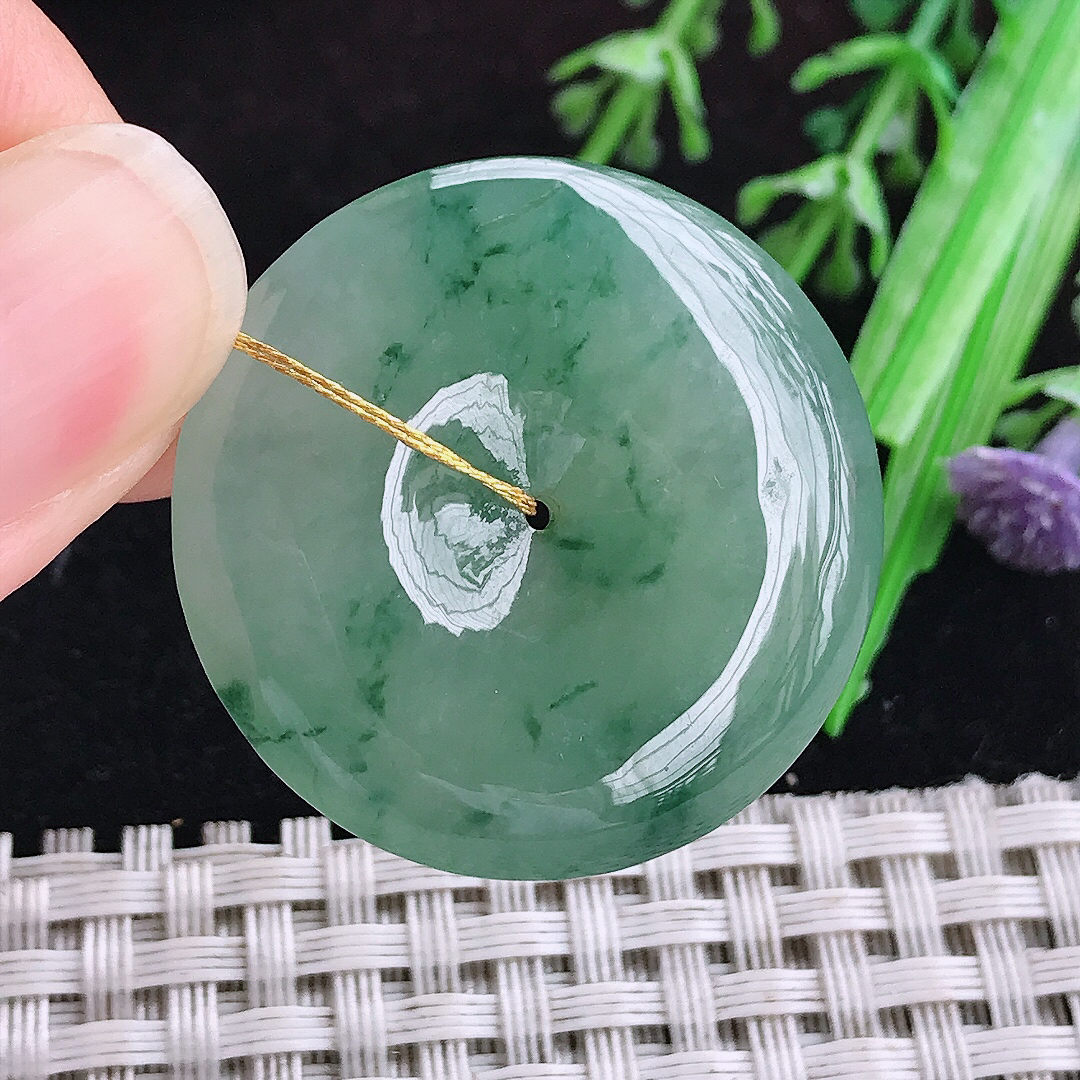 实拍A货翡翠32.2/6老坑冰胶果冻晴底飘花平安扣吊坠翡翠玉坠挂件