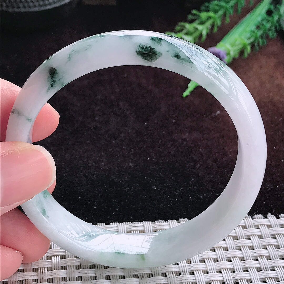 实拍A货翡翠57/13.2/7老坑温润飘花手镯宽边玉镯平安镯