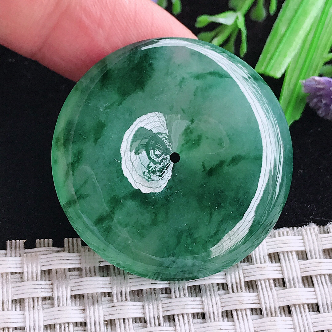 实拍A货翡翠34.9/6.2老坑冰胶果冻冰飘花大平安扣吊坠翡翠玉扣挂件