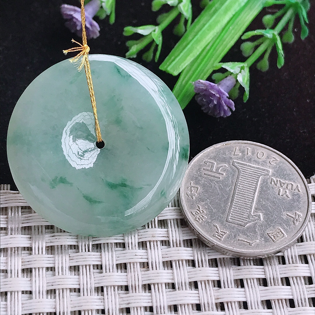 实拍A货翡翠33.2/5.7老坑冰润起胶飘花平安扣吊坠翡翠玉坠挂件