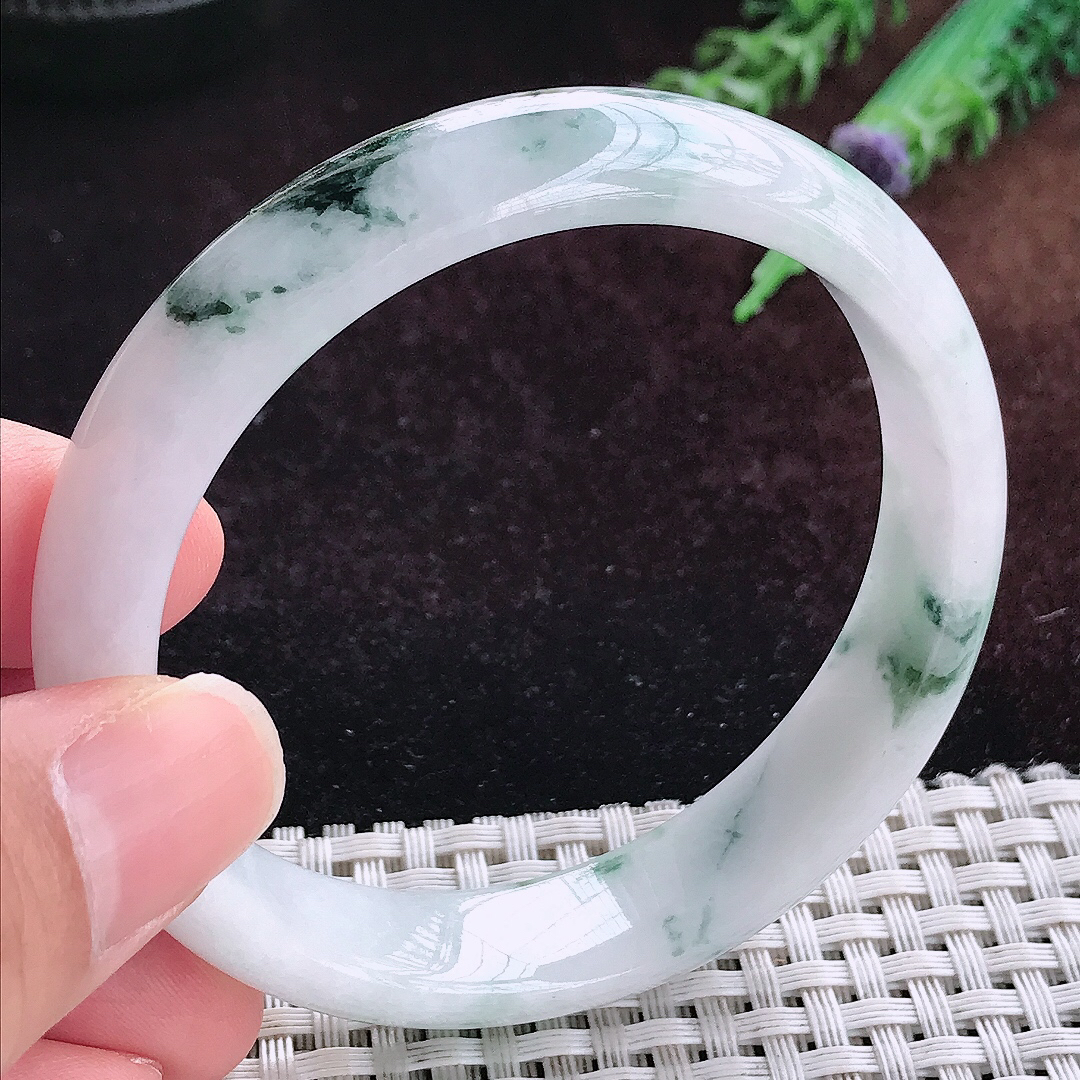 实拍A货翡翠57/13.2/7老坑温润飘花手镯宽边玉镯平安镯