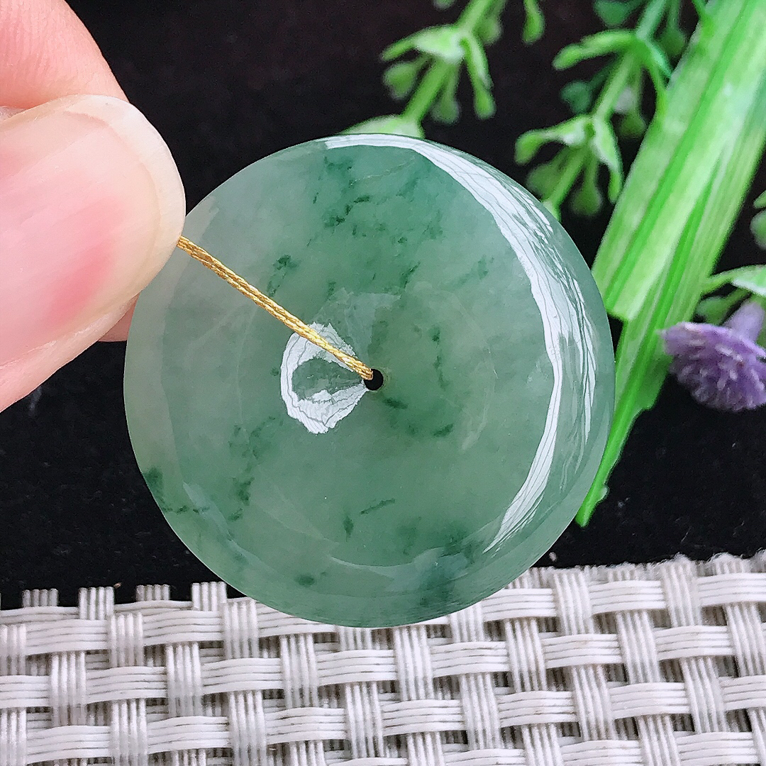 实拍A货翡翠32.2/6老坑冰胶果冻晴底飘花平安扣吊坠翡翠玉坠挂件