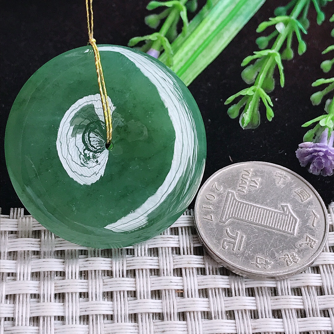 实拍A货翡翠36.3/6.3老坑冰润起胶满绿平安扣吊坠翡翠玉坠