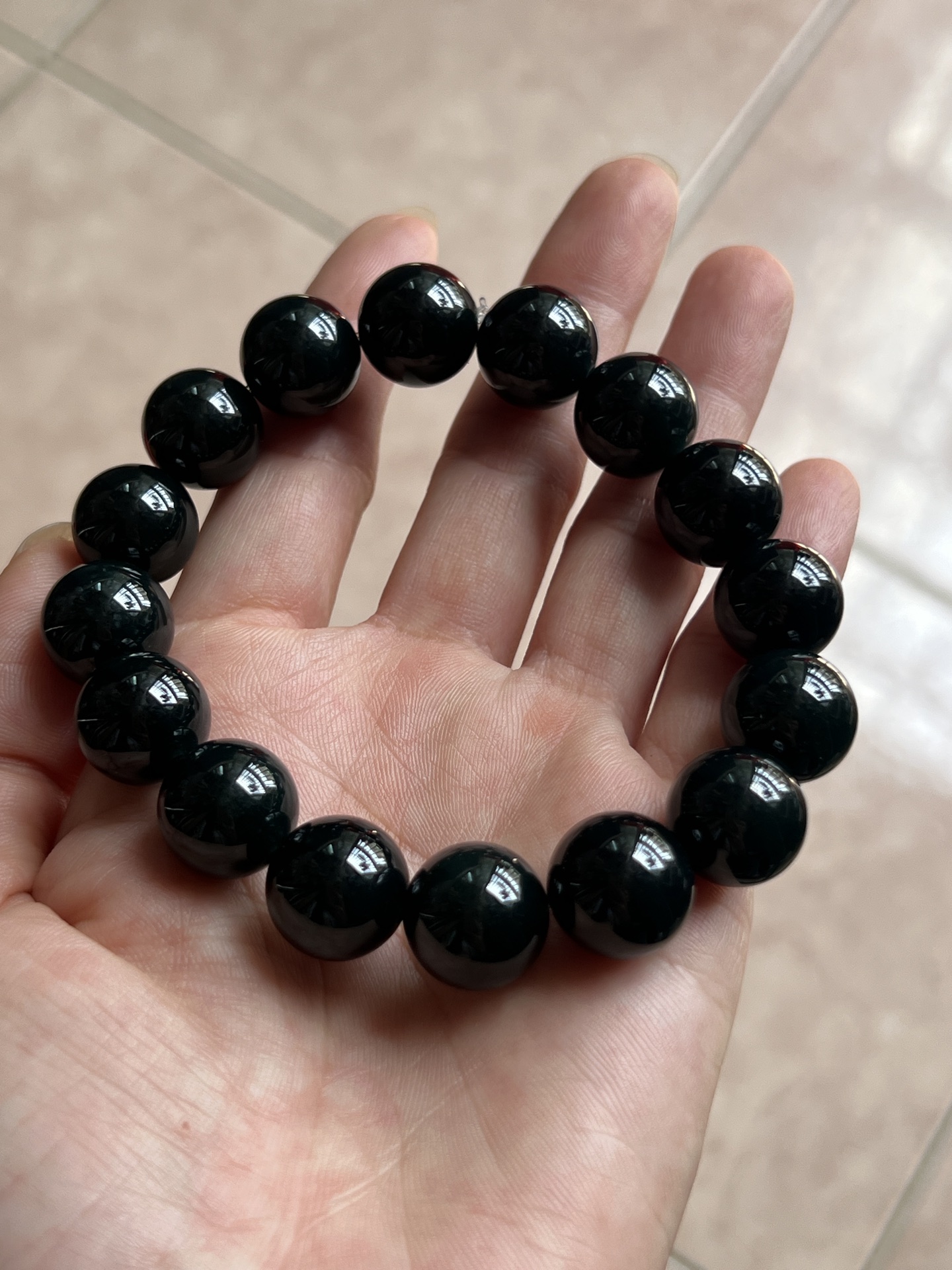 ️ 9.5 墨翠手链14mm 乌黑油亮 质地细腻 水头极好