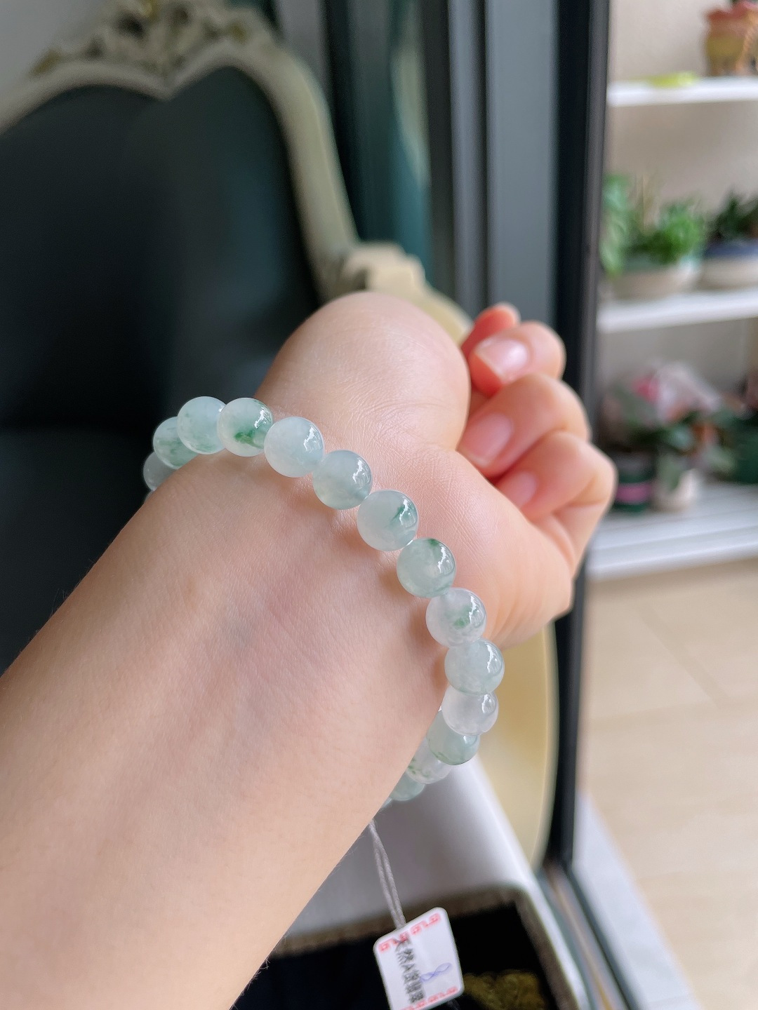 ️，缅甸天然翡翠A货，冰飘花手串，尺寸：8mm。【编4616】