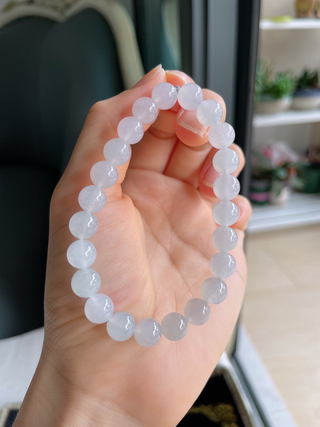 ️，缅甸天然翡翠A货，白冰手串，尺寸：8mm。【编4613】