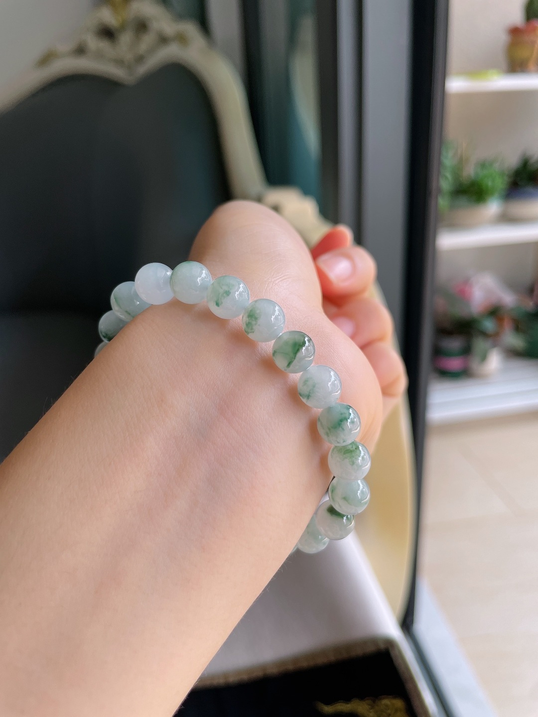 ️，缅甸天然翡翠A货，冰飘花手串，尺寸：8mm。【编4615】
