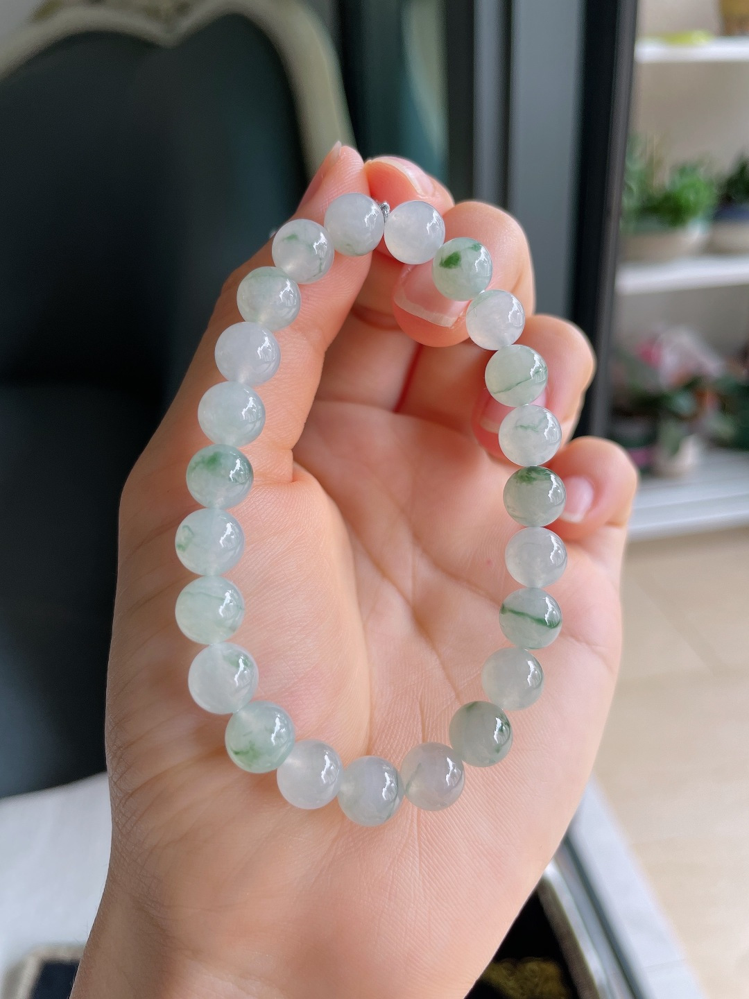 ️，缅甸天然翡翠A货，冰飘花手串，尺寸：8mm。【编4617】