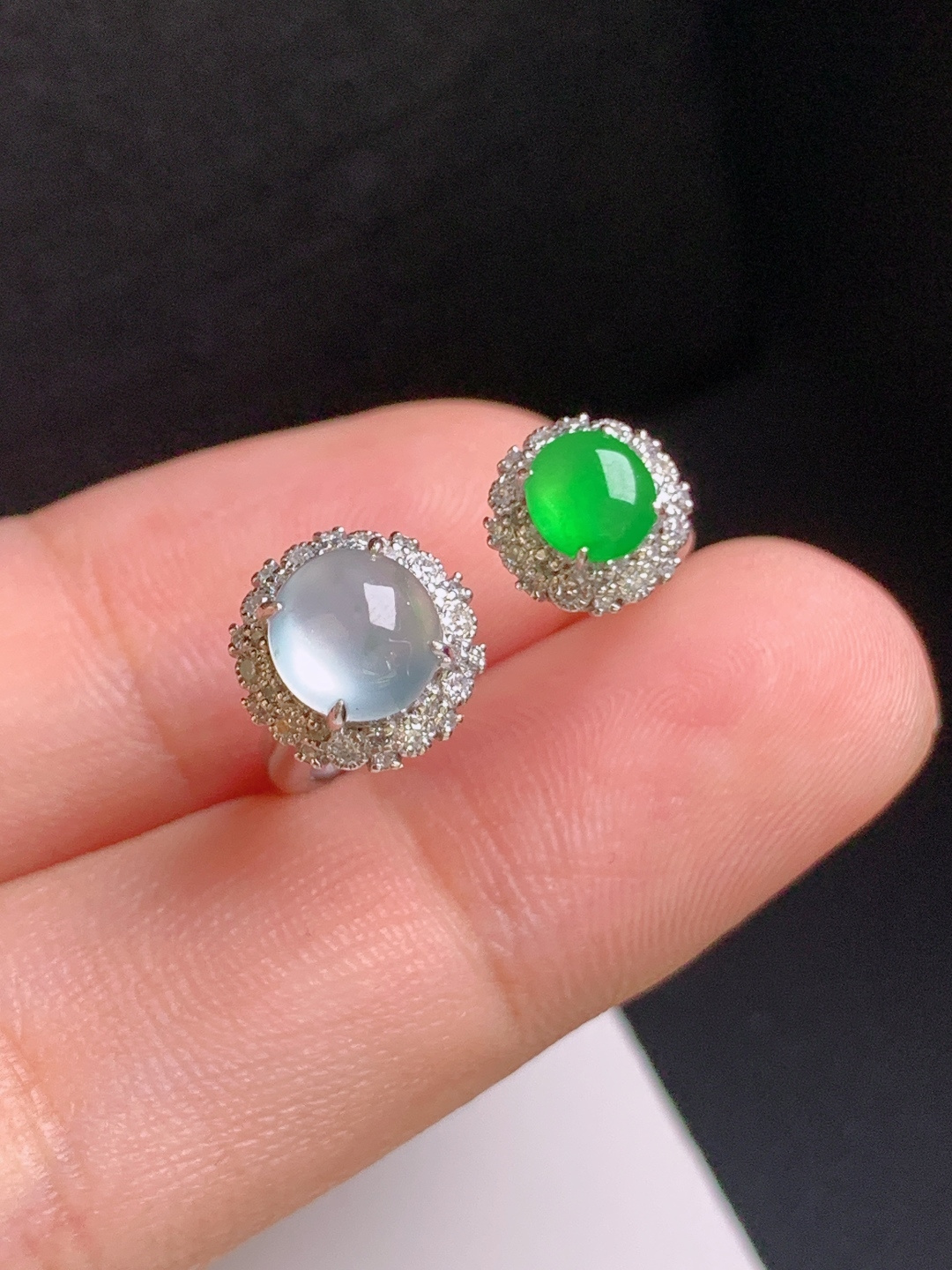 冰种绿双蛋面戒指，种水通透，色泽明艳，精致百搭，裸石6.5-3.2，圈口14
