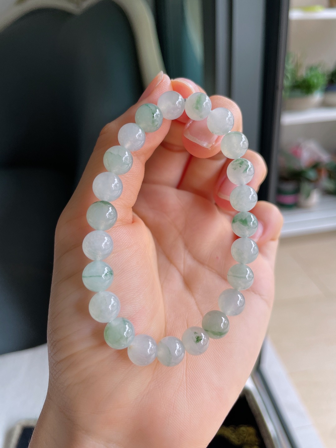 ️，缅甸天然翡翠A货，冰飘花手串，尺寸：8mm。【编4617】