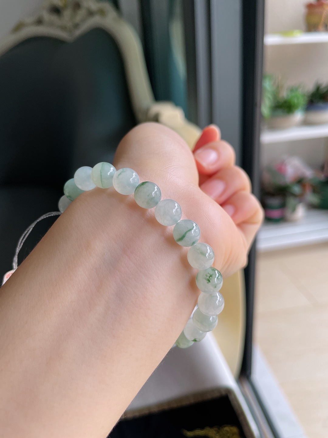 ️，缅甸天然翡翠A货，冰飘花手串，尺寸：8mm。【编4617】