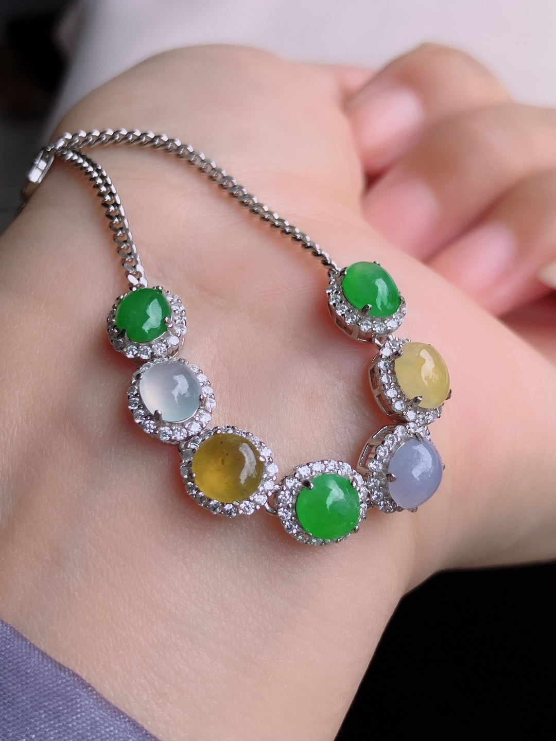 三彩蛋面手链，晶莹剔透，尺寸6.8/7/5.6/自然光实拍