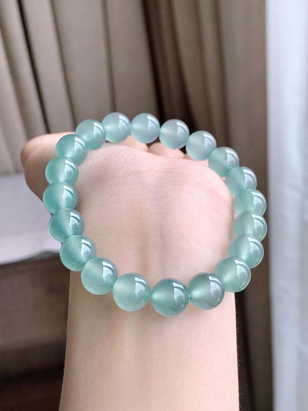 珠子高冰天空蓝手串圆珠子手串,性比高老蓝水,尺寸9.7mm,重量33.6克