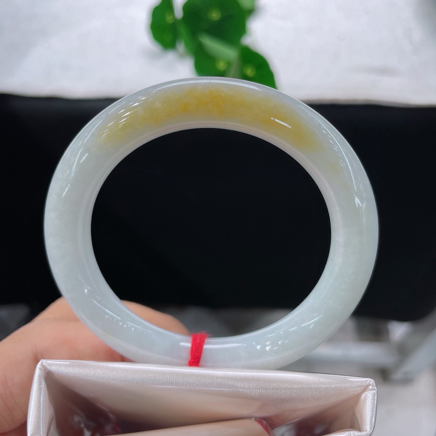 翡翠手镯 圈口54.3/10/9.6，黄翡圆条，正圈55/56可戴，仿若薄雾绕林，质地温润，底色清润