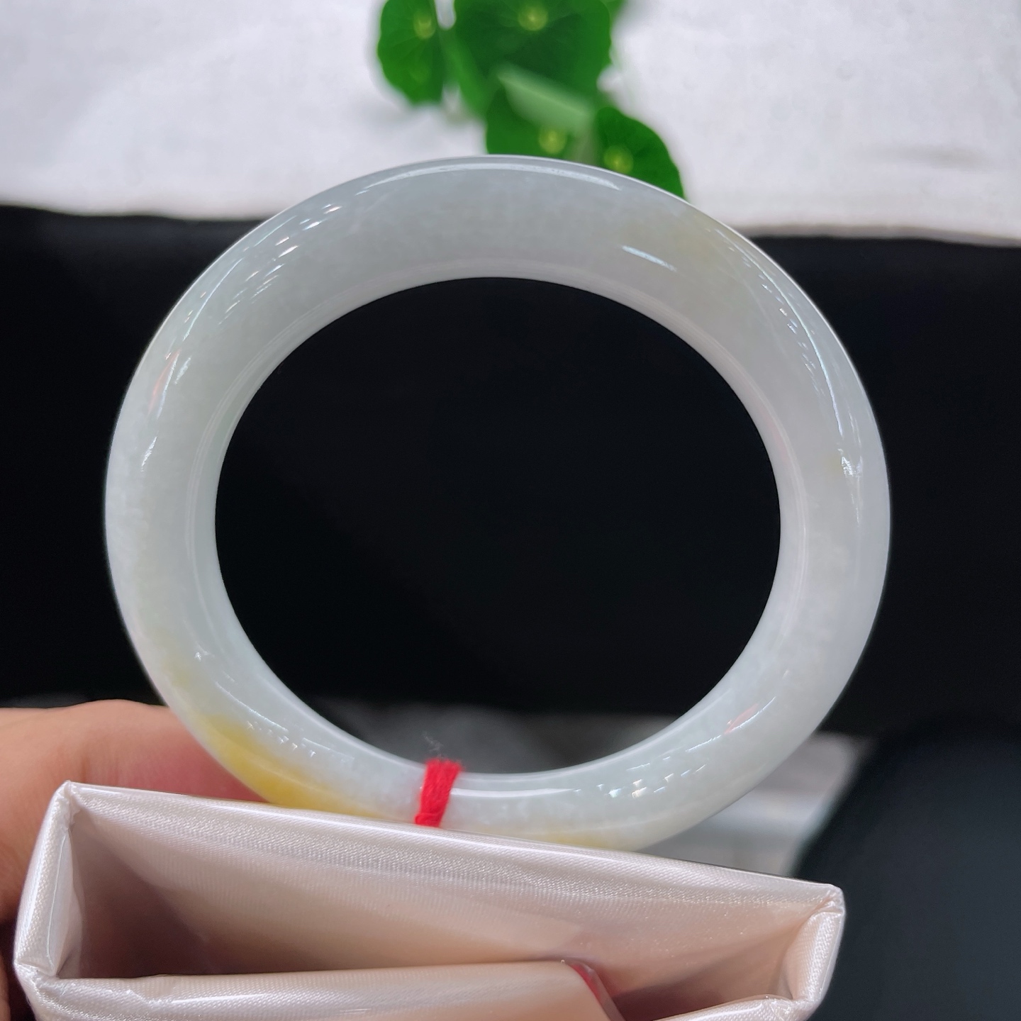 翡翠手镯 圈口54.3/10/9.6，黄翡圆条，正圈55/56可戴，仿若薄雾绕林，质地温润，底色清润泛白，一抹暖黄俏色悠然晕染。