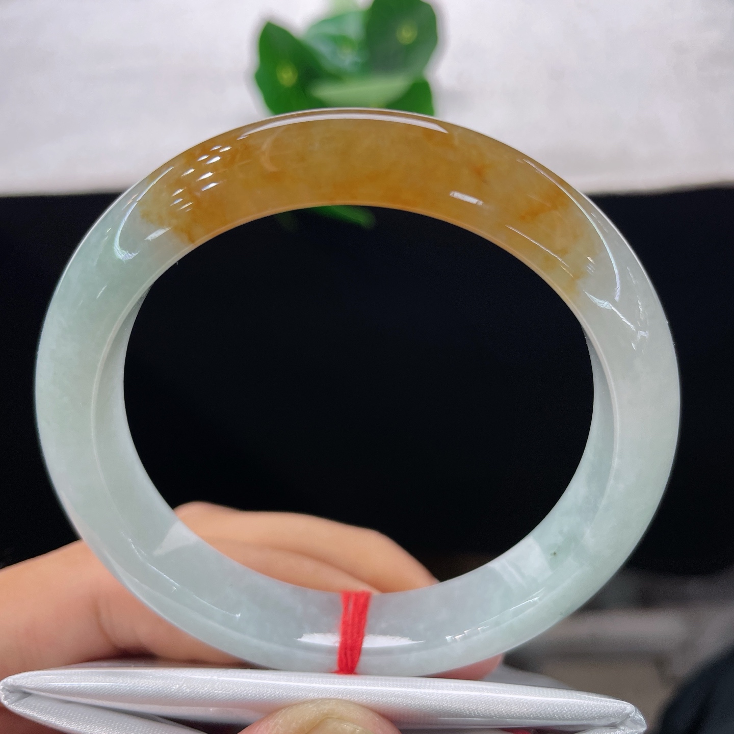 天然翡翠手镯 圈口57/11.4/8.3，黄翡正圈，56/57可戴，仿若秋潭融金，质地澄澈。浅白玉底