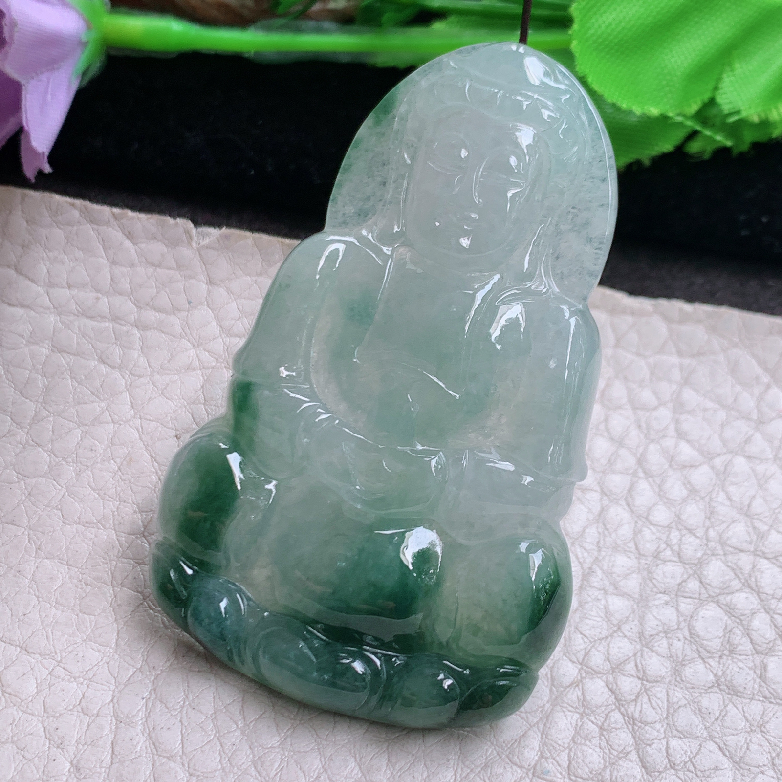 zen实拍61.7*38.5*6.5缅甸翡翠高品质飘蓝花正庄观音 玉观音玉吊坠