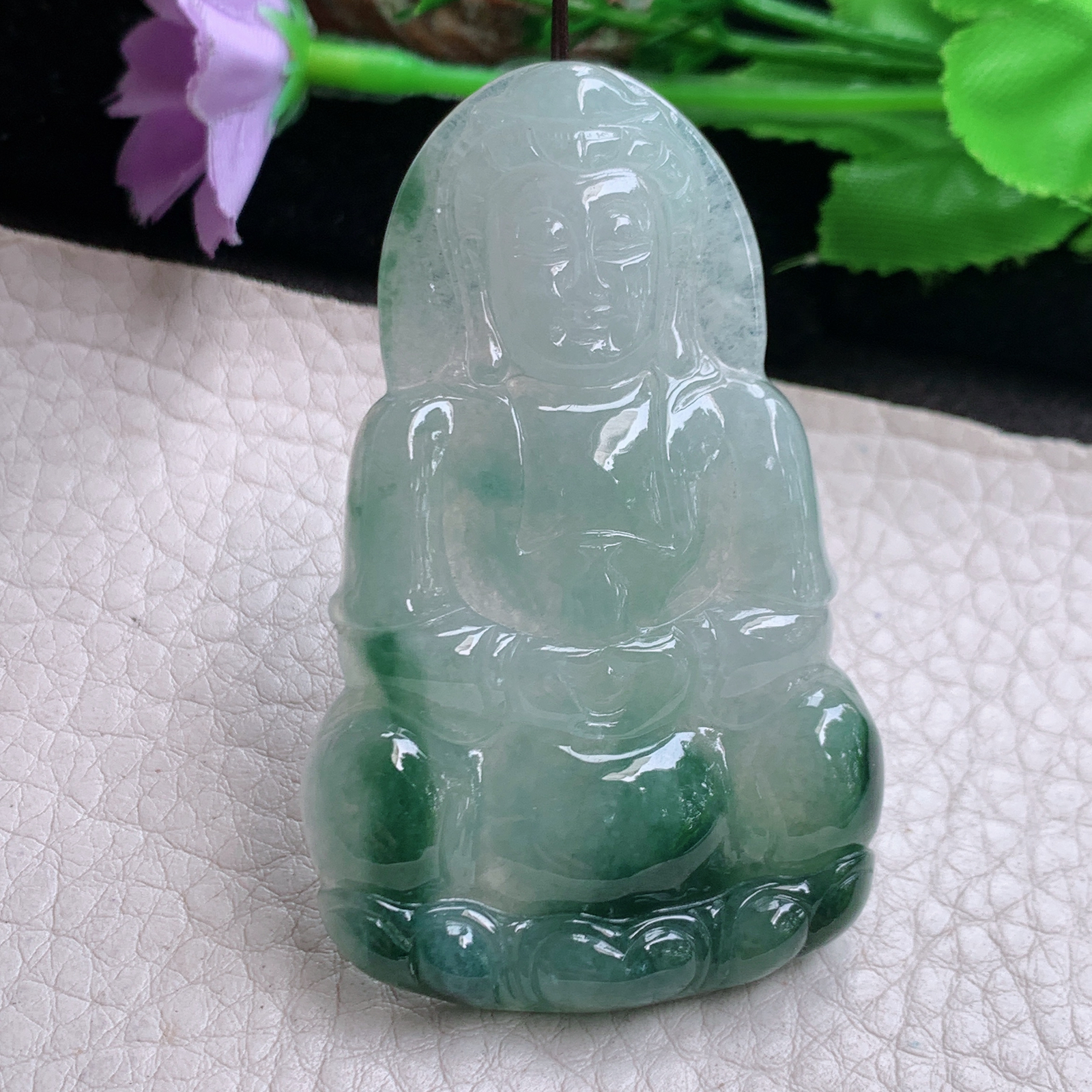 zen实拍61.7*38.5*6.5缅甸翡翠高品质飘蓝花正庄观音 玉观音玉吊坠