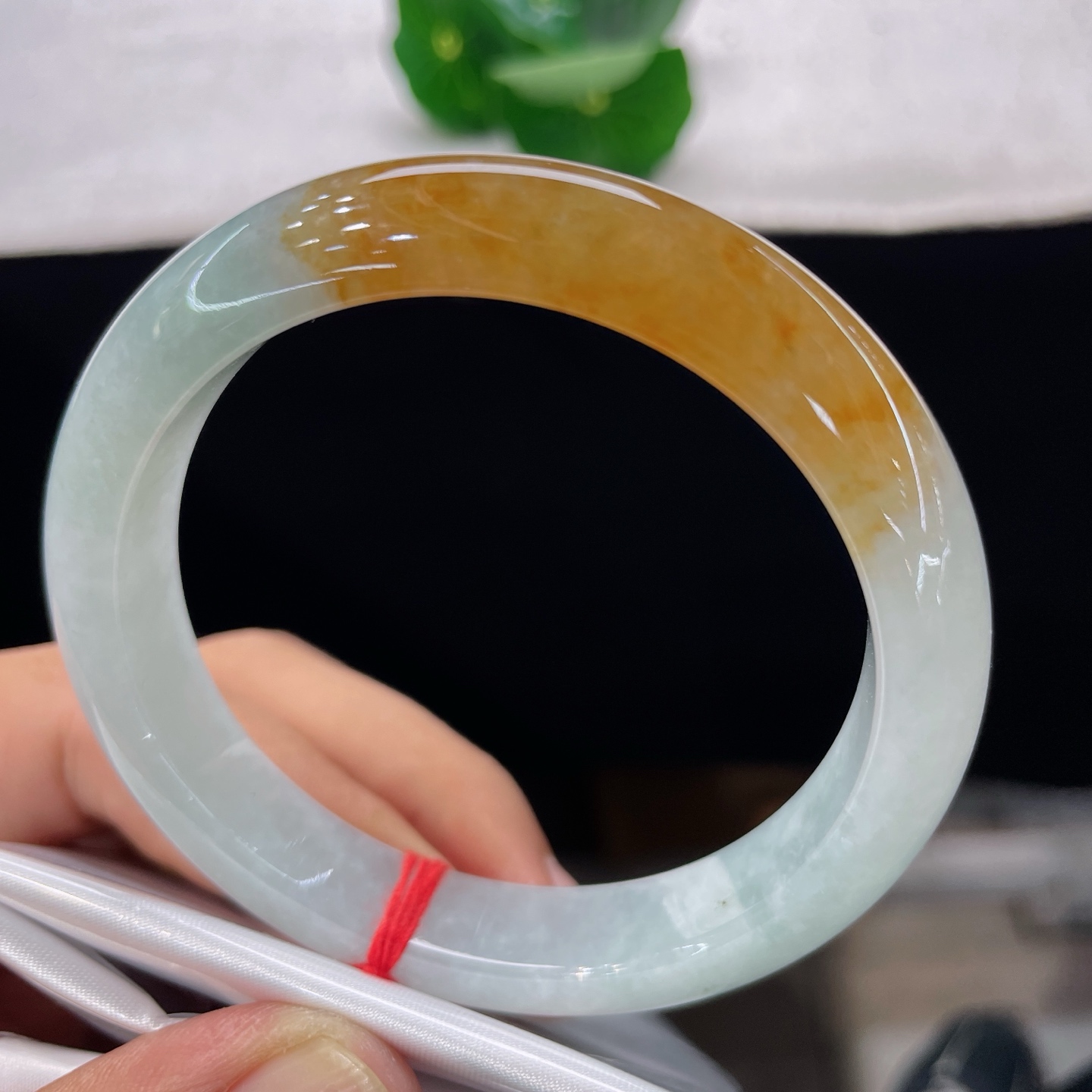天然翡翠手镯 圈口57/11.4/8.3，黄翡正圈，56/57可戴，仿若秋潭融金，质地澄澈。浅白玉底凝一抹暖黄翡色。无裂。