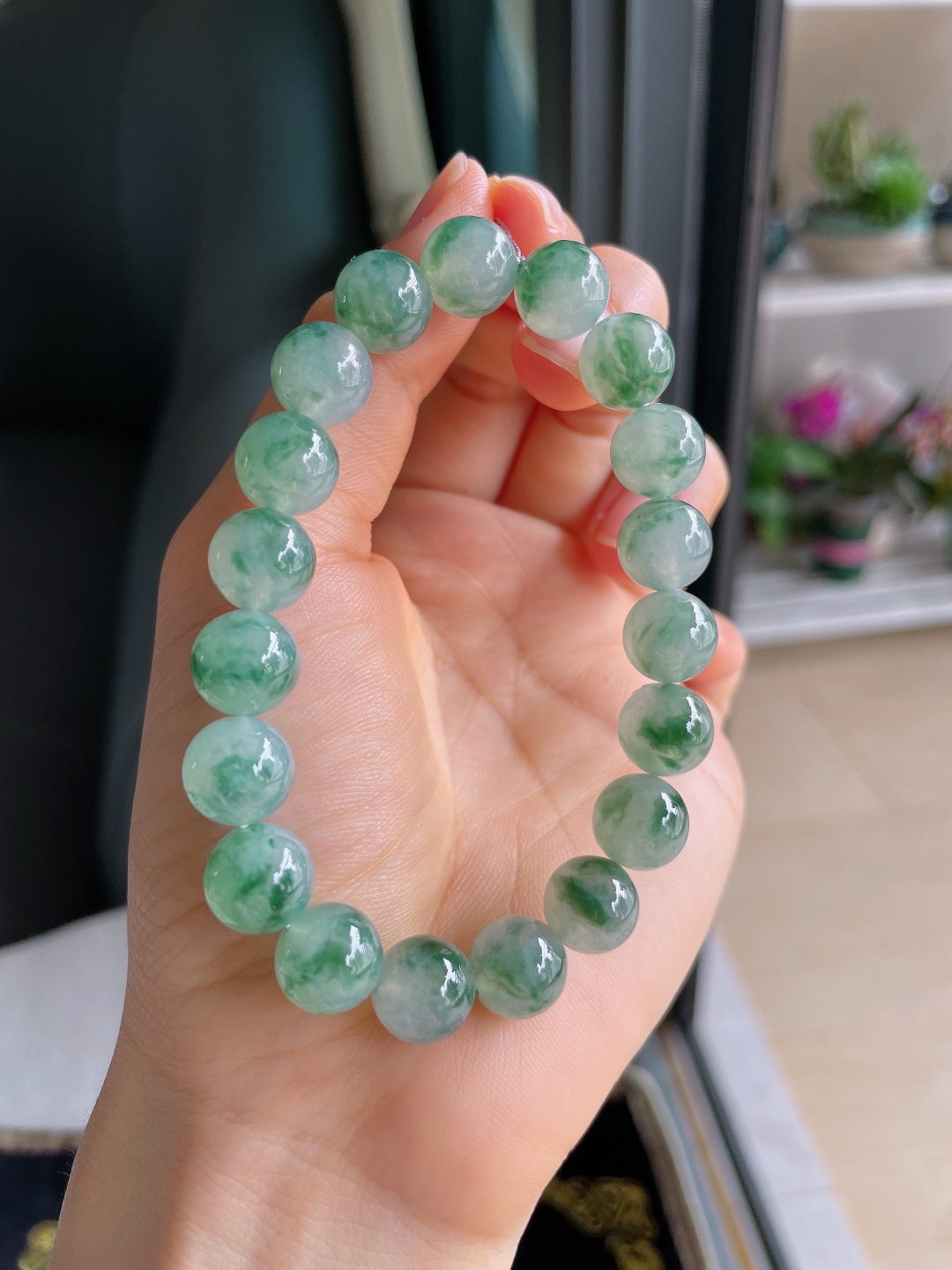 ️，缅甸天然翡翠A货，冰飘花手链，尺寸：10.3mm。【编3719】