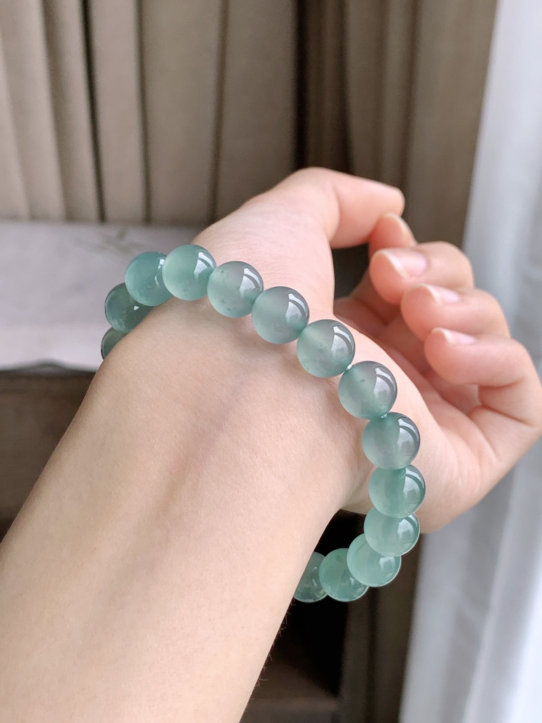 珠子高冰天空蓝手串圆珠子手串,性比高老蓝水,尺寸9.7mm,重量33.6克