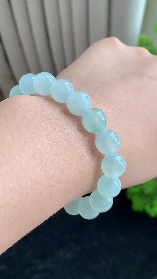 天然翡翠，冰晴细腻手串，尺寸10.2
