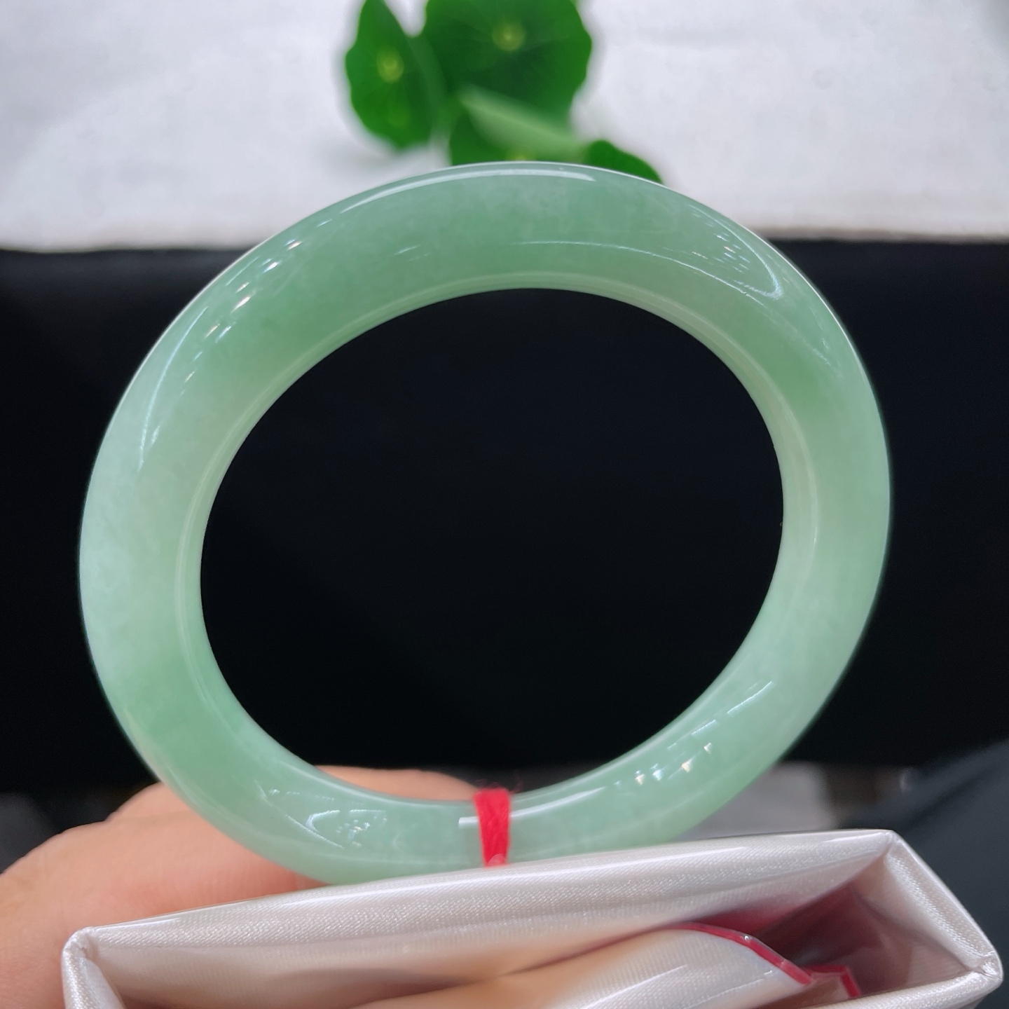 天然翡翠手镯，圈口53.7/9，果绿圆条，正圈55/56可戴，仿若薄雾绕林，质地清澈，浅淡的果绿温润匀净，种水莹润。无裂。