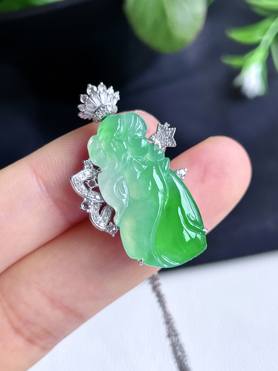 冰飘绿天使花仙子吊坠，18k金镶嵌，无裂，性比高