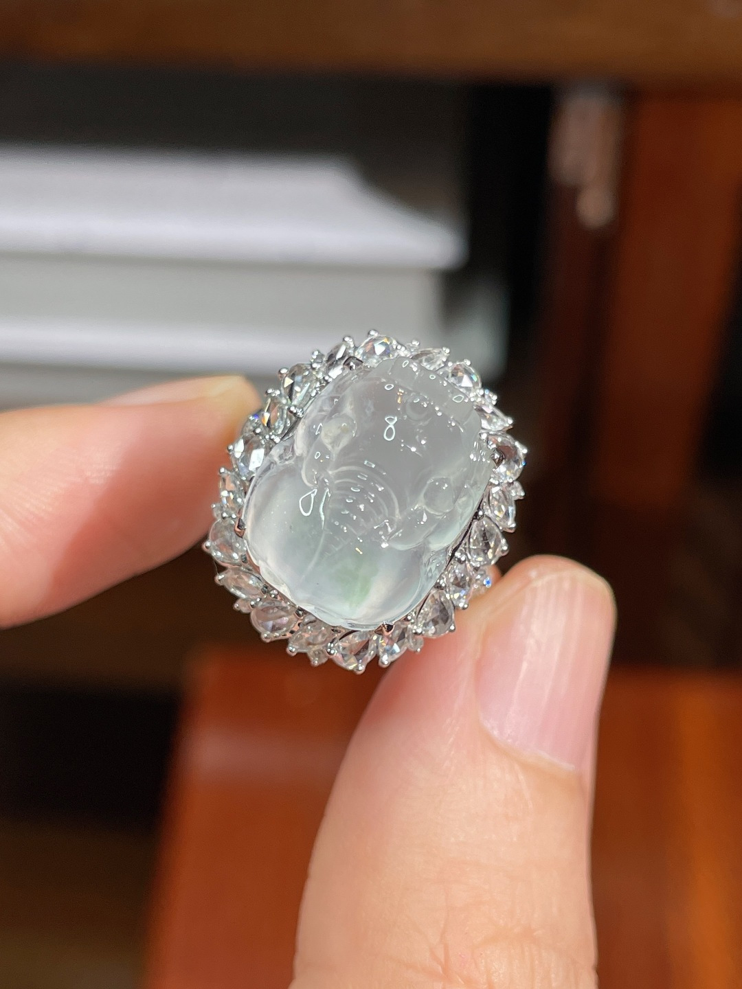 冰种貔貅戒指，18k金镶嵌，19.9-17-14.5