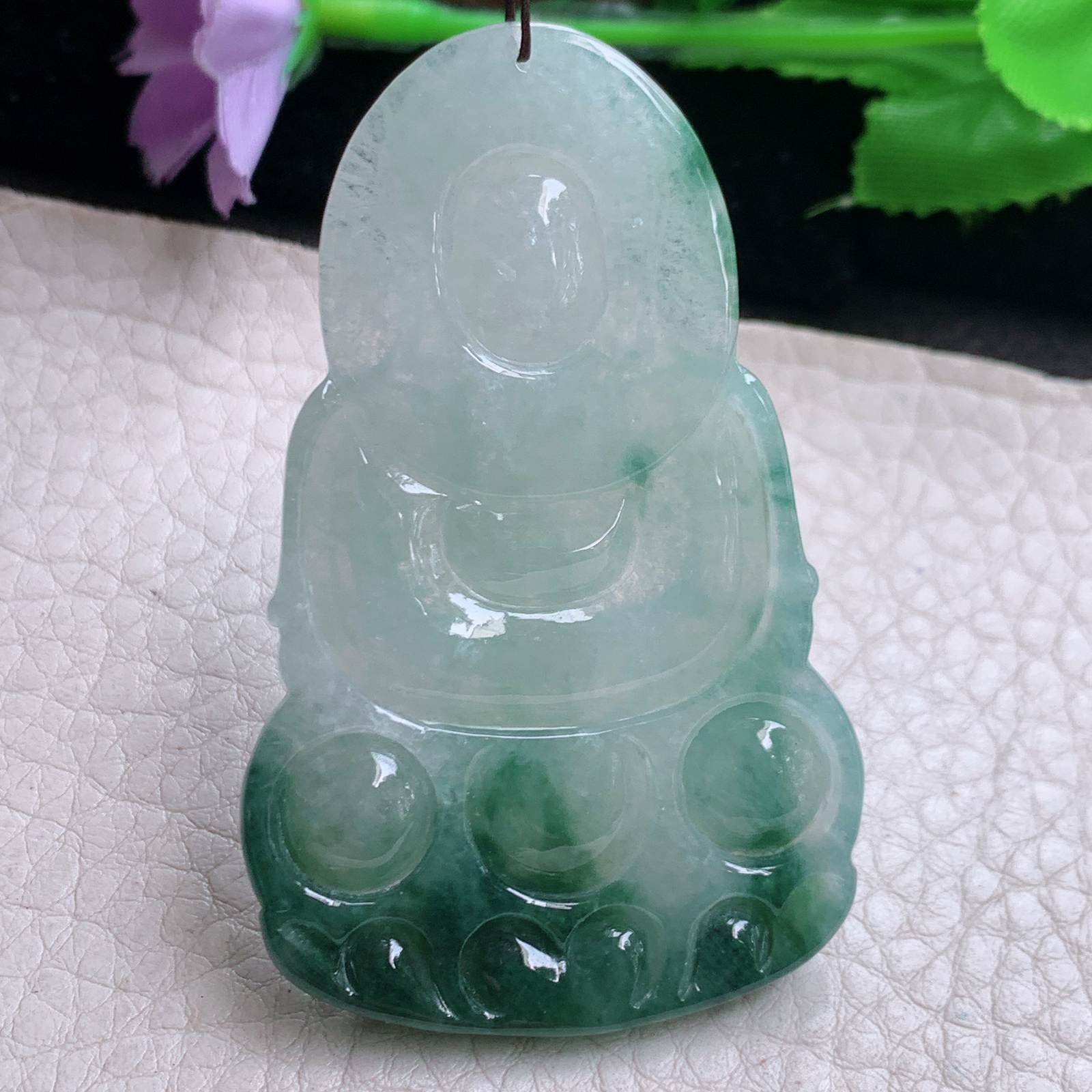 zen实拍61.7*38.5*6.5缅甸翡翠高品质飘蓝花正庄观音 玉观音玉吊坠