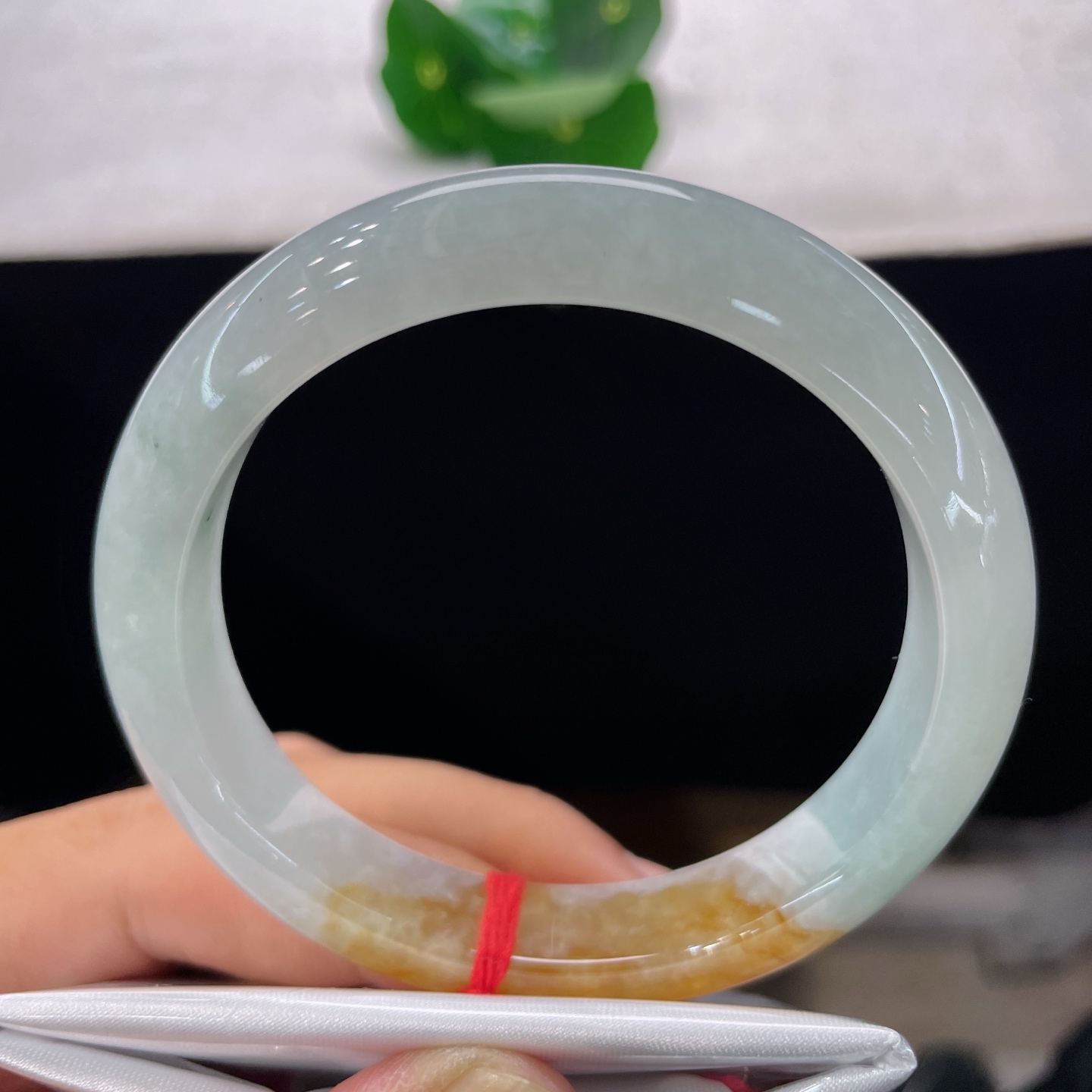天然翡翠手镯 圈口57/11.4/8.3，黄翡正圈，56/57可戴，仿若秋潭融金，质地澄澈。浅白玉底凝一抹暖黄翡色。无裂。