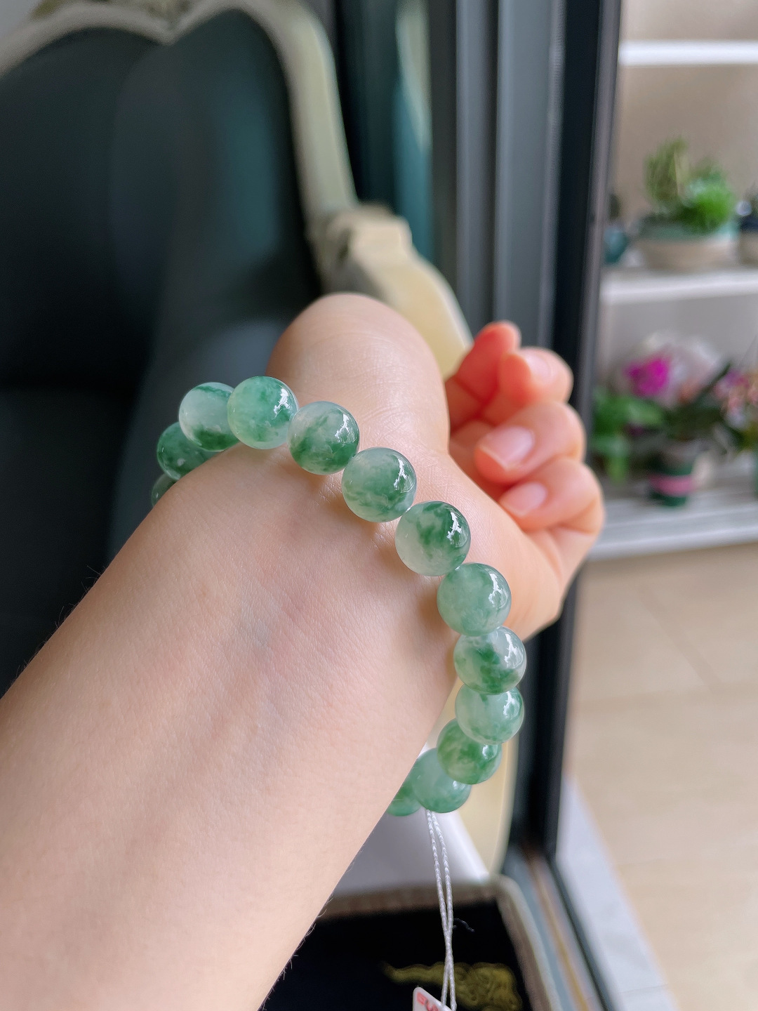 ️，缅甸天然翡翠A货，冰飘花手链，尺寸：10.3mm。【编3719】