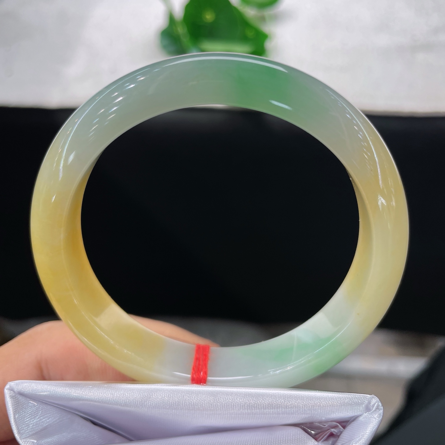 天然翡翠手镯 圈口57.8/12.3/7.9，三彩正圈，57/58可戴，黄翠同栖玉，风华聚一环。腕间藏日月，三色染清欢。无裂。