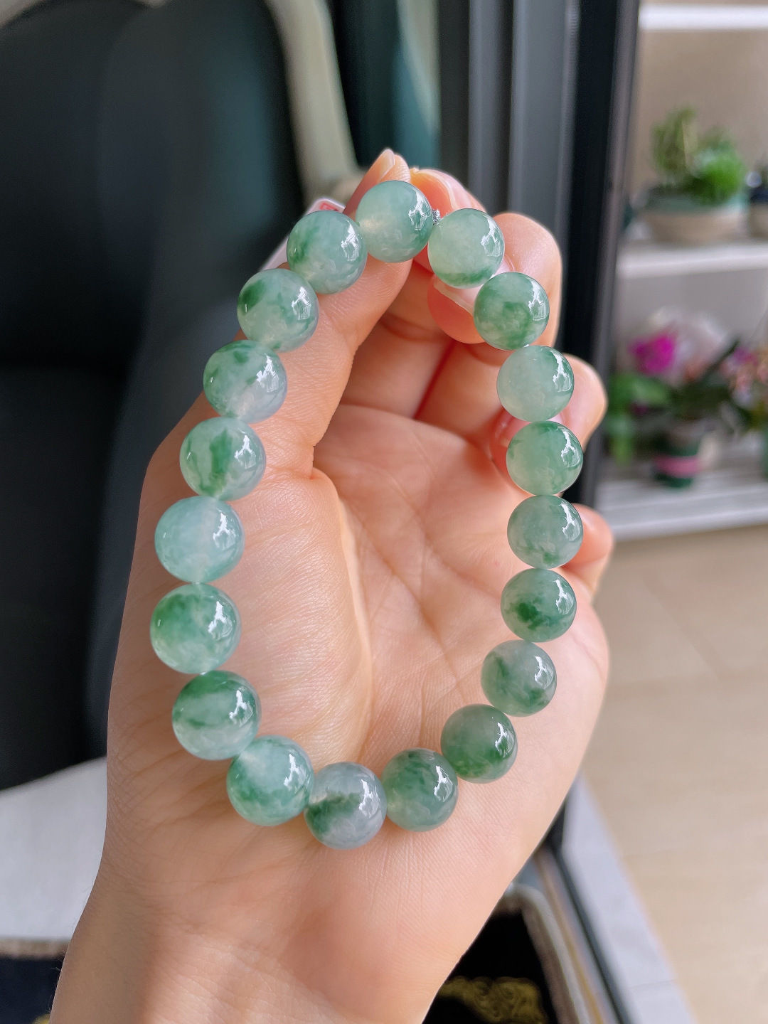 ️，缅甸天然翡翠A货，冰飘花手链，尺寸：10.3mm。【编3719】