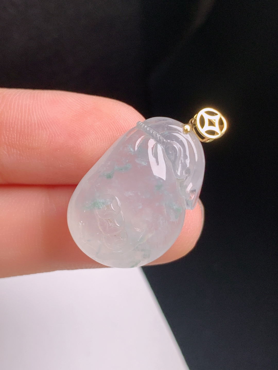 冰种飘花钱袋吊坠，雪花棉意境，财源滚滚，招财纳福