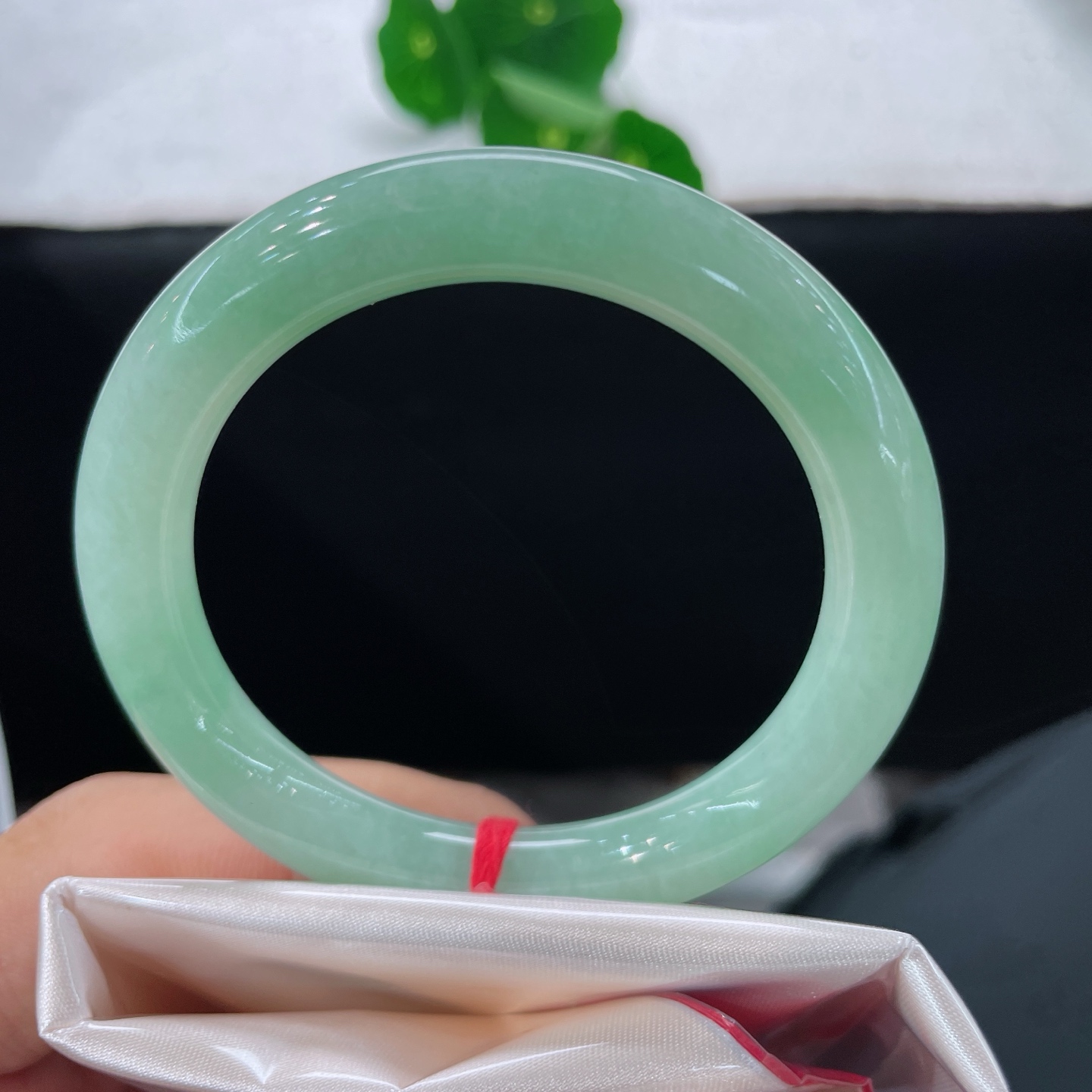 天然翡翠手镯，圈口53.7/9，果绿圆条，正圈55/56可戴，仿若薄雾绕林，质地清澈，浅淡的果绿温润