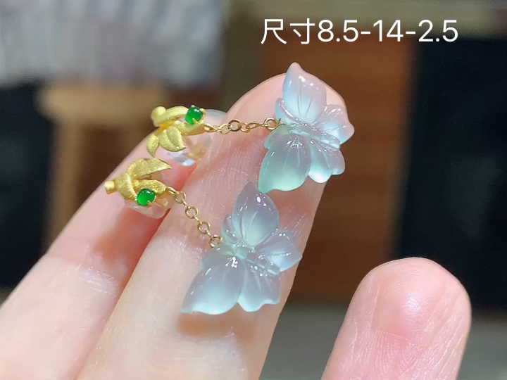 18K 冰种蝴蝶耳坠 无裂,尺寸，8.5-14-2.5，8.5-14-2.5