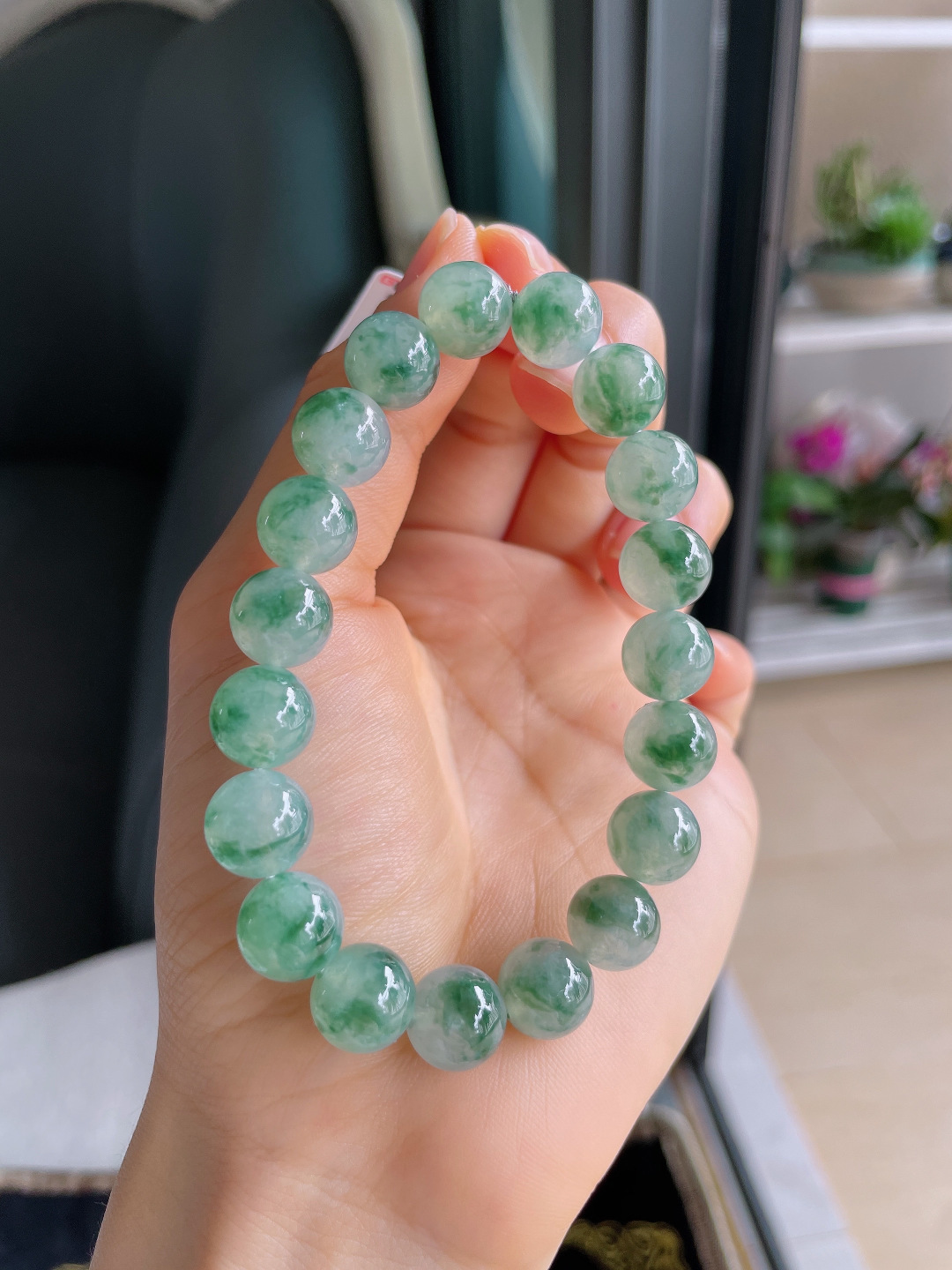 ️，缅甸天然翡翠A货，冰飘花手链，尺寸：10.3mm。【编3719】