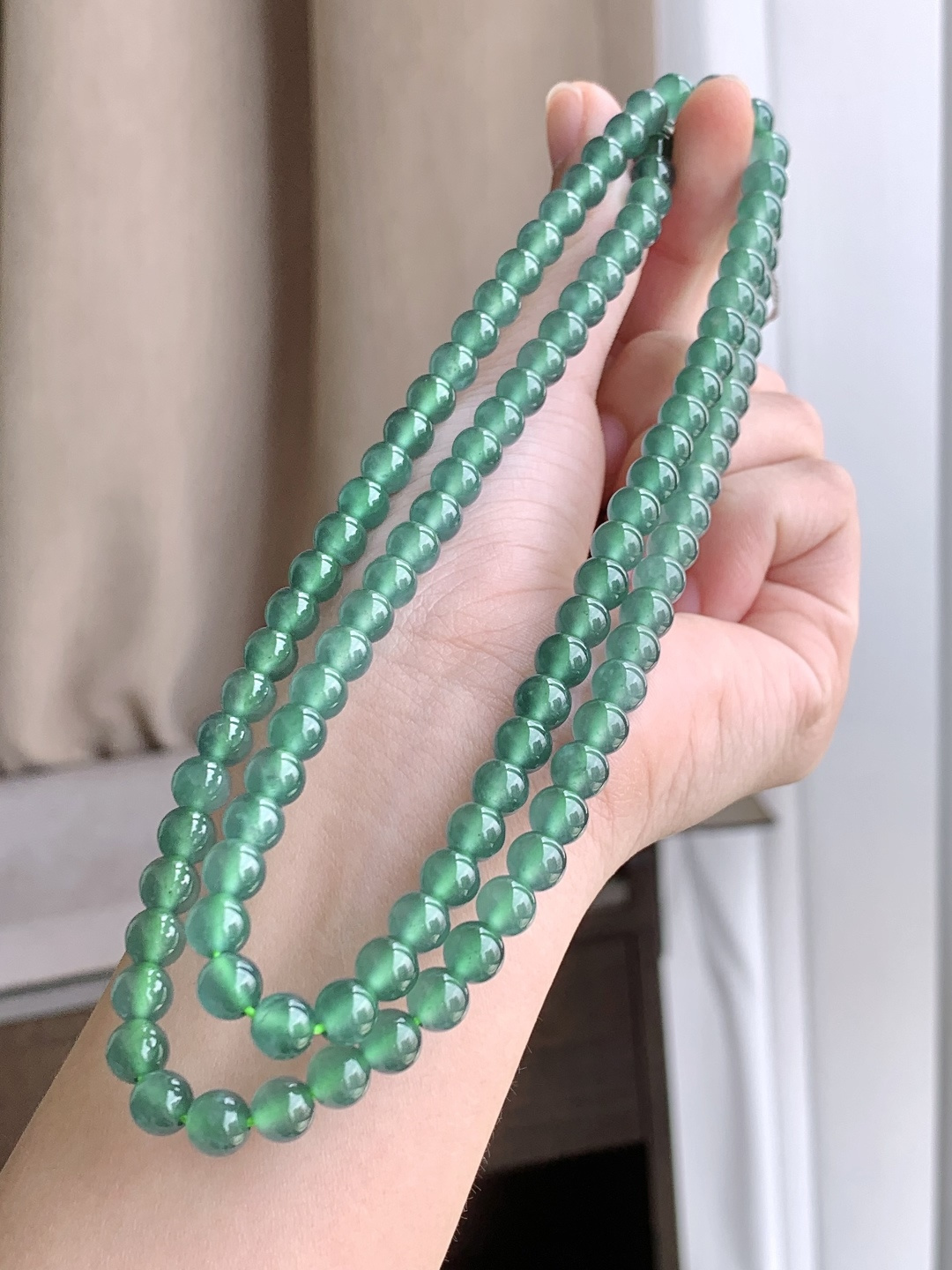 珠子冰晴绿珠链圆珠子珠链,说明性比高老蓝水,尺寸6.3mm，34cm,重量50.4克