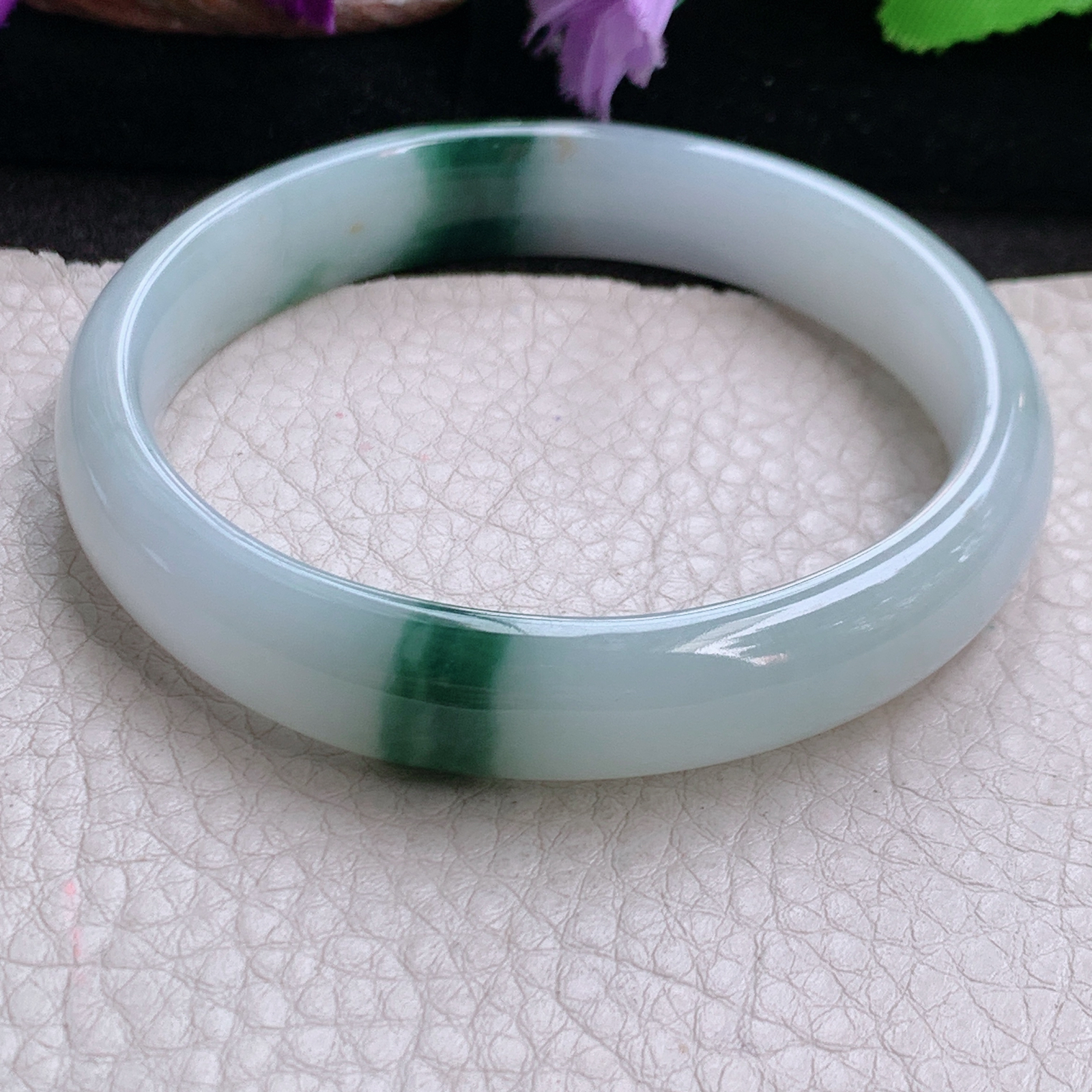 js自然光58.5*11.8*7.5平安镯 缅甸翡翠a货高品质冰飘花清秀宽边玉手镯